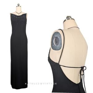 Y2K Prom Dress Maxi Gown 10 Black 90s Vintage Bead Backless Glam Slip Strappy